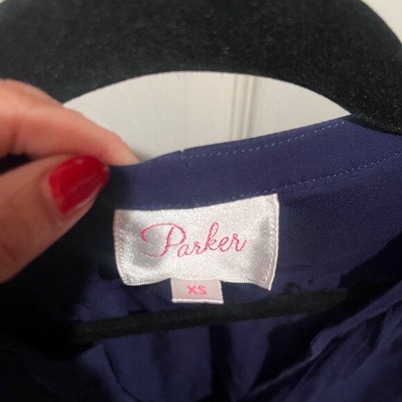 PARKER 100% Silk Navy Blue V Neck Ruffle Detail Mini Dress Short Cute XS - Picture 6 of 6